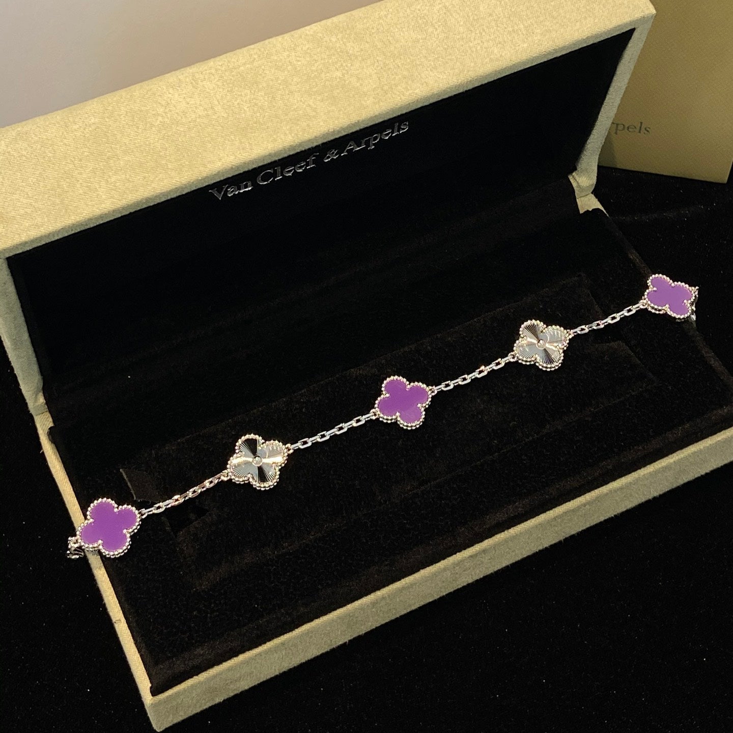 [BIJOUX]CLOVER  5 MOTIFS  PURPLE VIOLET BRACELET SILVER