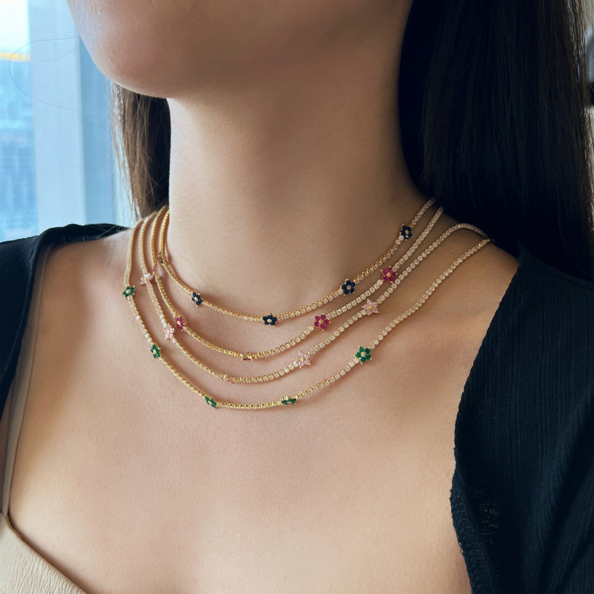 [Goodv]Luxurious Colorful Flower Tennis Necklace