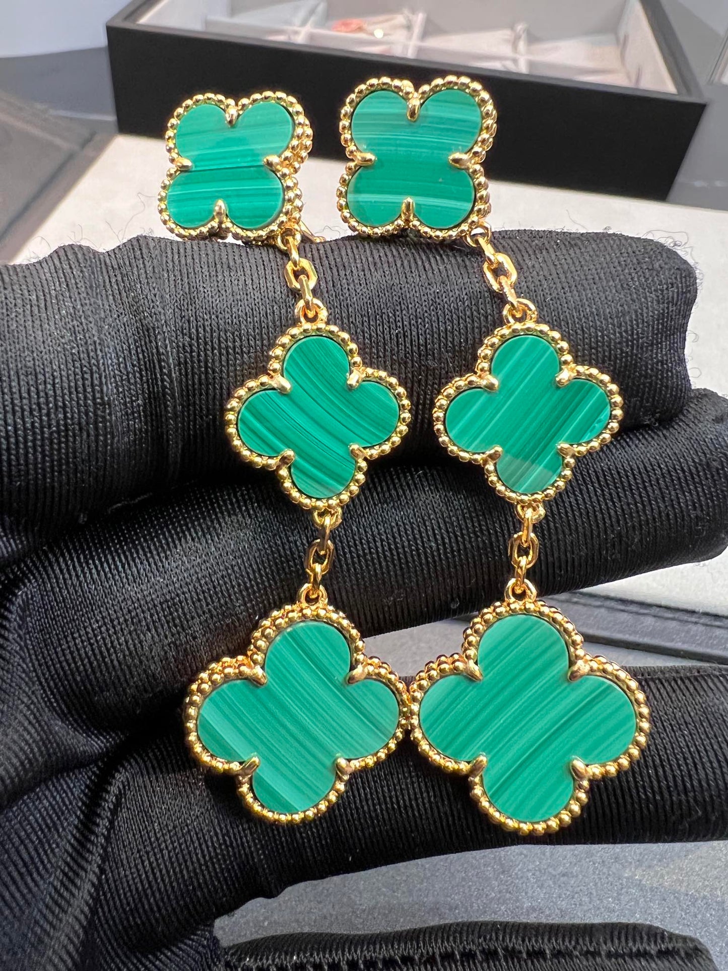 [BIJOUX]CLOVER MALACHITE 3 MOTIFS GOLD