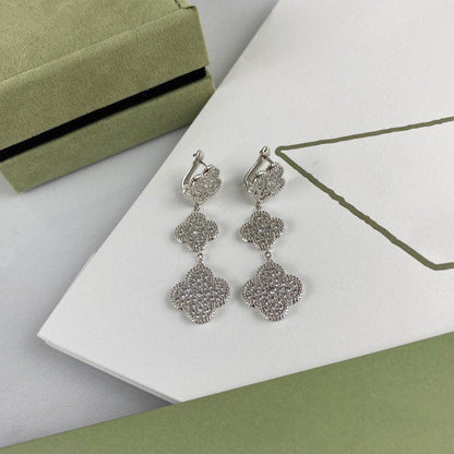 [BIJOUX]CLOVER 3 MOTIF DIAMOND SILVER DROP EARRINGS