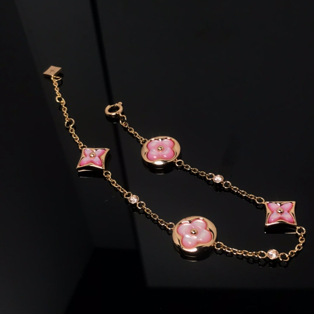 [BIJOUX]STAR AND SUN 4 MOTIF PINK MOP PINK GOLD BRACELET