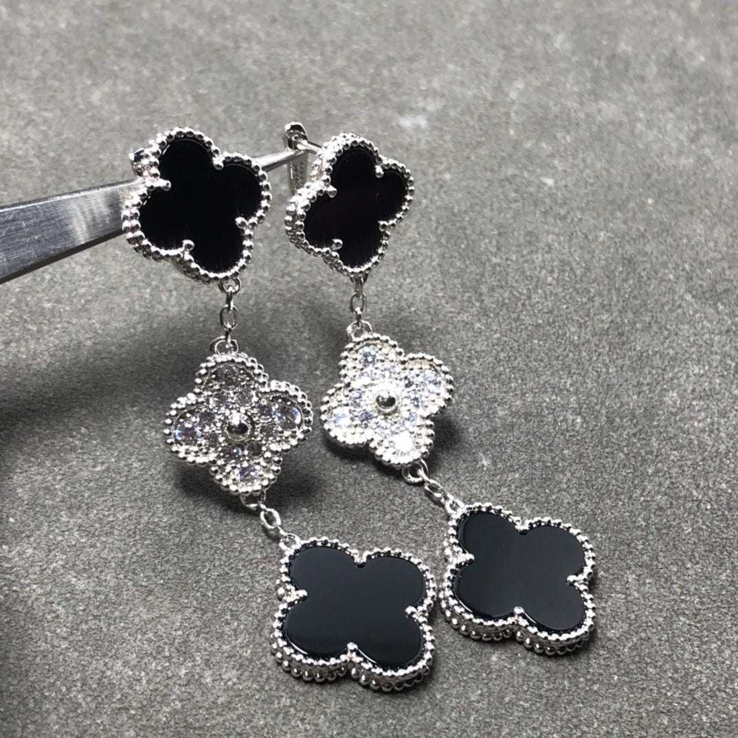 [BIJOUX]CLOVER 3 MOTIF DIAMOND ONYX SILVER EARRINGS