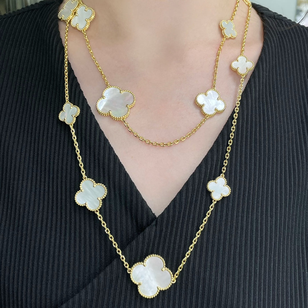 [BIJOUX]CLOVER 16 MOTIF WHITE MOP GOLD NECKLACE