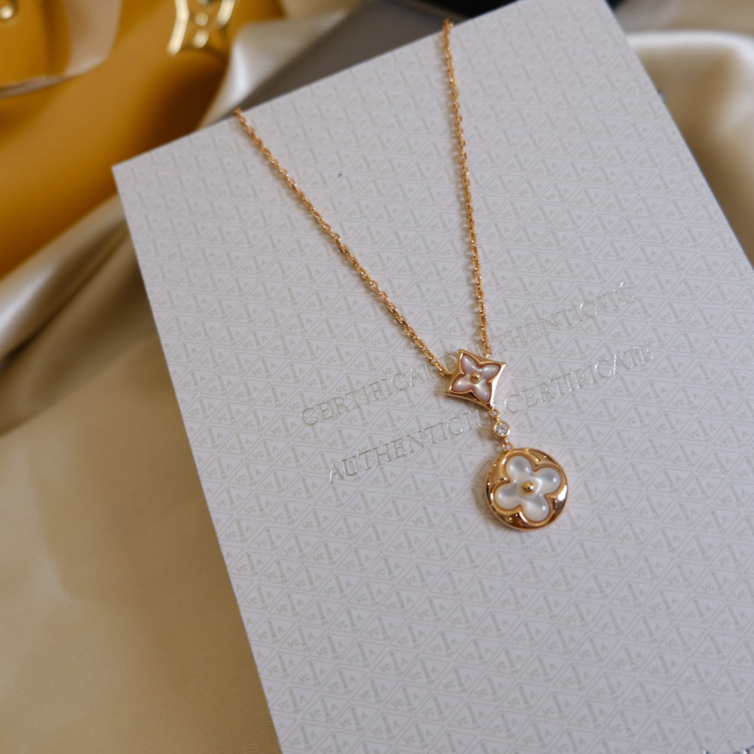 [BIJOUX] COLLIER OR ROSE 2 MOTIFS ÉTOILE ET SOLEIL NACRE BLANCHE