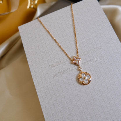 [BIJOUX] COLLIER OR ROSE 2 MOTIFS ÉTOILE ET SOLEIL NACRE BLANCHE