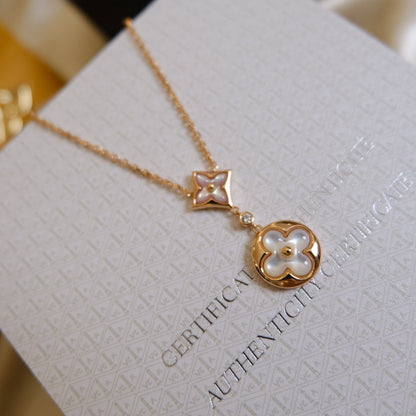 [BIJOUX] COLLIER OR ROSE 2 MOTIFS ÉTOILE ET SOLEIL NACRE BLANCHE