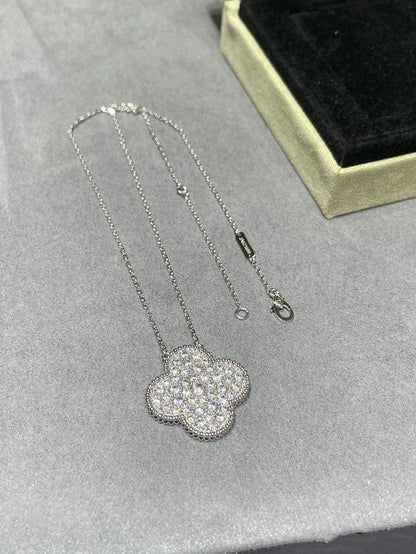 [BIJOUX]CLOVER 25MM LARGE PENDANT DIAMOND PAVED SILVER NECKLACE