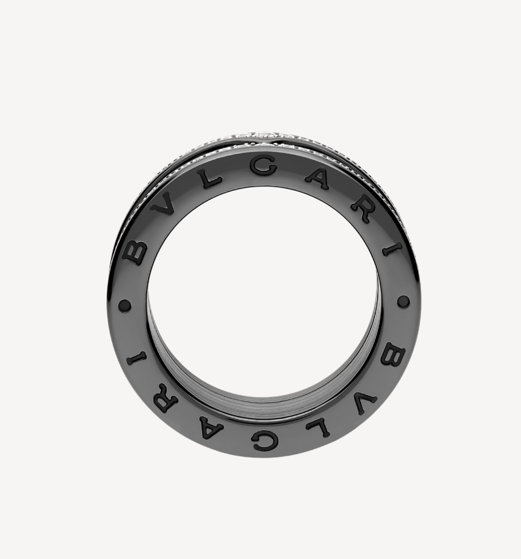 [BIJOUX]ZERO 1 ROCK FOUR-BAND BLACK CERAMIC WITH STUDDED SPIRAL AND PAVED DIAMONDS RING