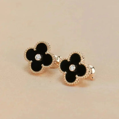[BIJOUX]CLOVER MEDIUM 1 MOTIFS ONYX DIAMOND EARRINGS